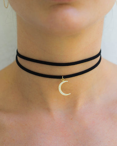 crescent moon leather choker necklace