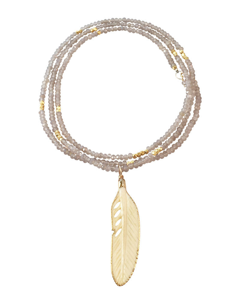 Gold And Gray Agate and Bone Feather Necklace