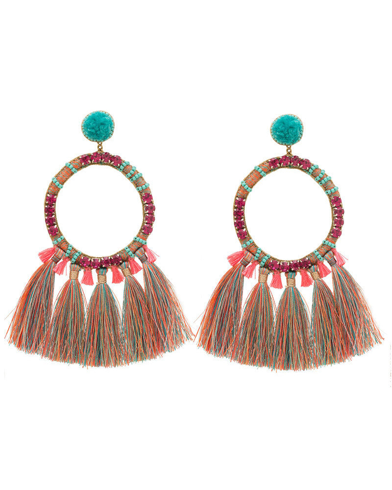 turquoise pink round hoop tassel earrings deepa gurnani