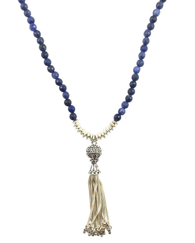 blue sodalite beaded necklace silver tassel