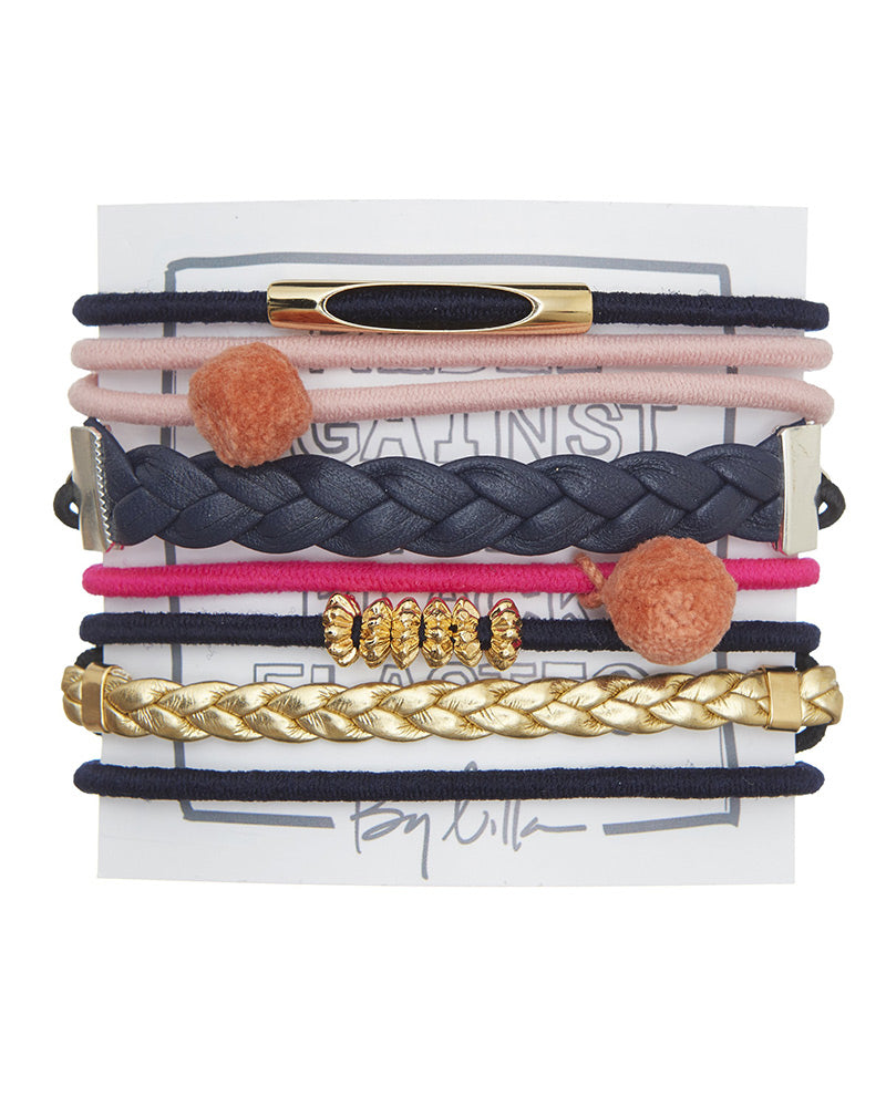 Ruby pink grey yellow gold hair tie stacks designer by lilla