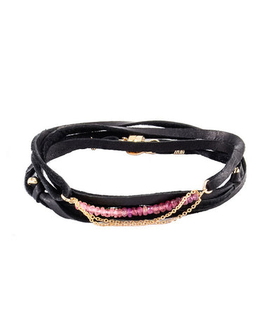 dafne leather wrap with pink beaded bracelet