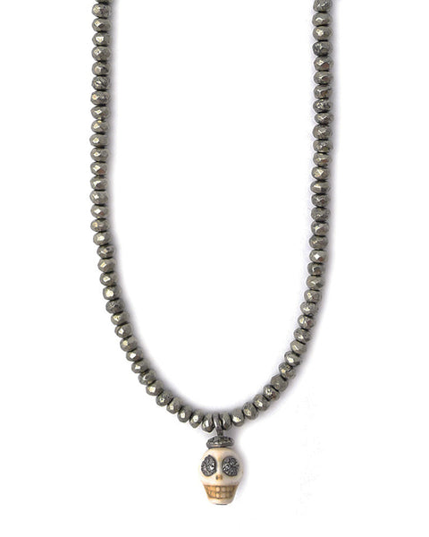 Gold and Gray Pyrite Mini Diamond Skull Necklace