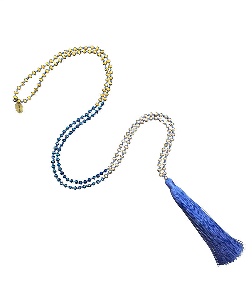 Gold Beaded Blue Tassel Necklace Zacasha