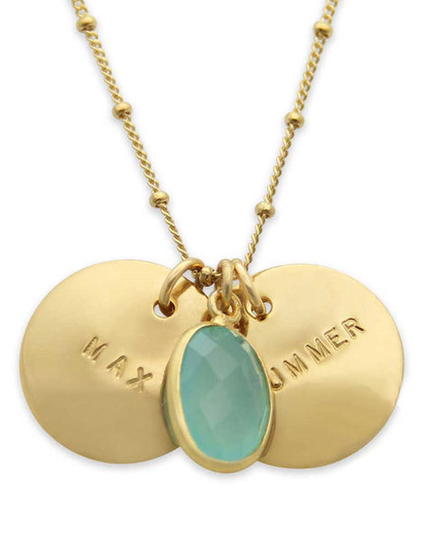 large gold name plate necklace with sea green stone