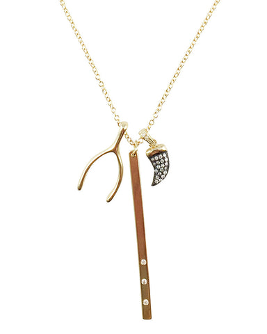 Wishbone Bar and Horn Gold Necklace