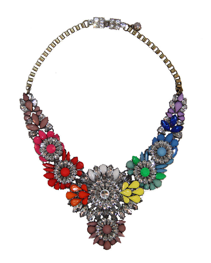 Neon Multi Colored Flower Statement Necklace 