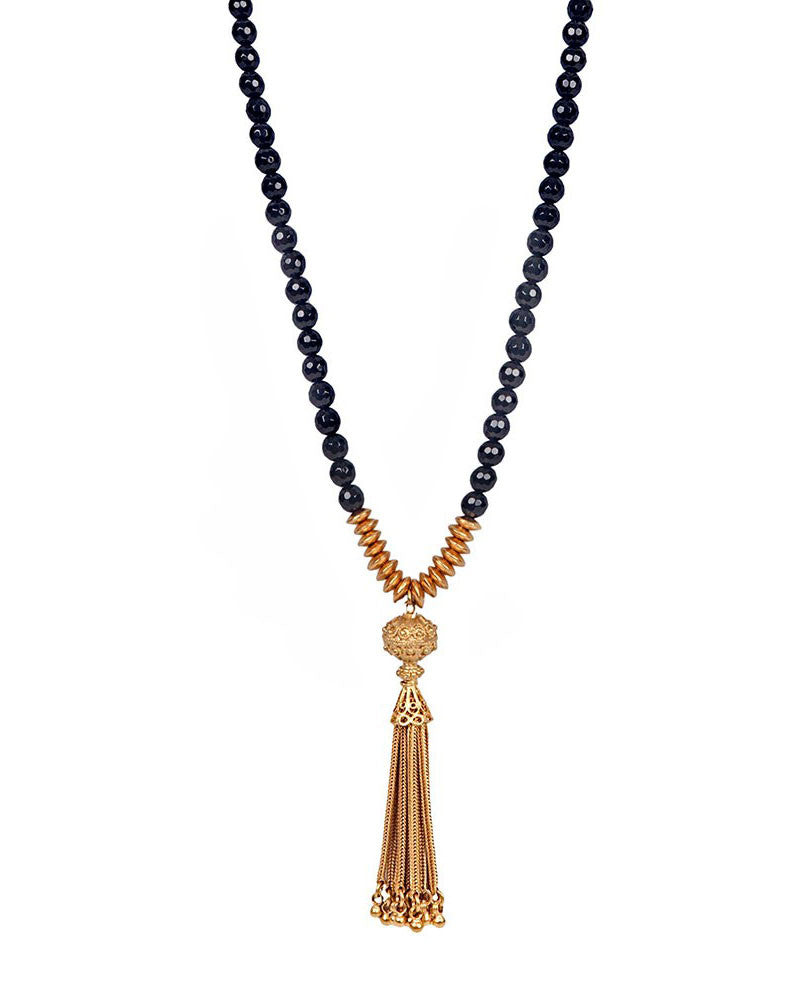 Onyx Beaded Necklace with Gold Tassel