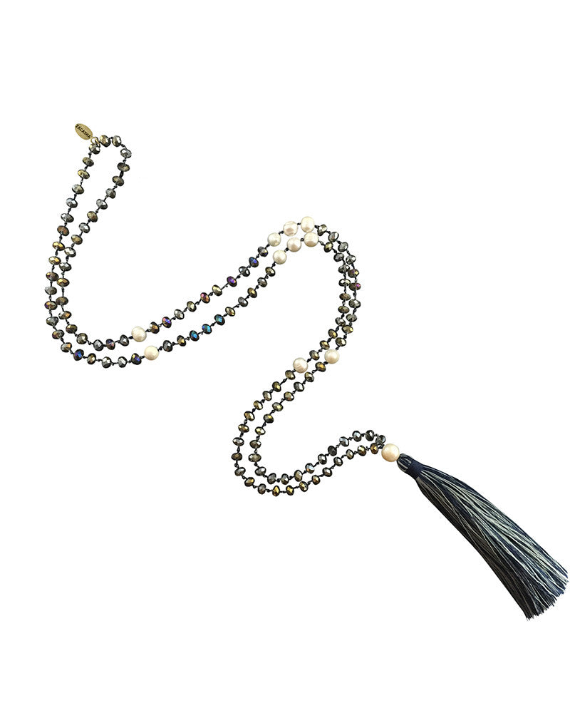silver beaded navy tassel zacasha necklace