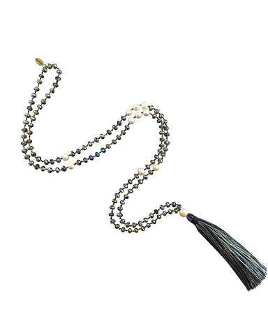 silver beaded navy tassel zacasha necklace