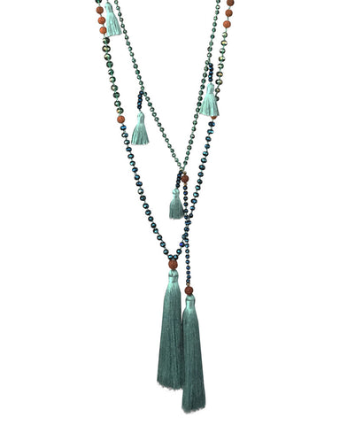 Zacasha Turquoise Ganitry Seeds Tassel Necklace Set Close